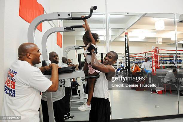 Leonard Ellerbe, Jirah Mayweather and boxer Floyd Mayweather trains at Las Vegas Boxing Gym on June 11, 2009 in Las Vegas, Nevada.