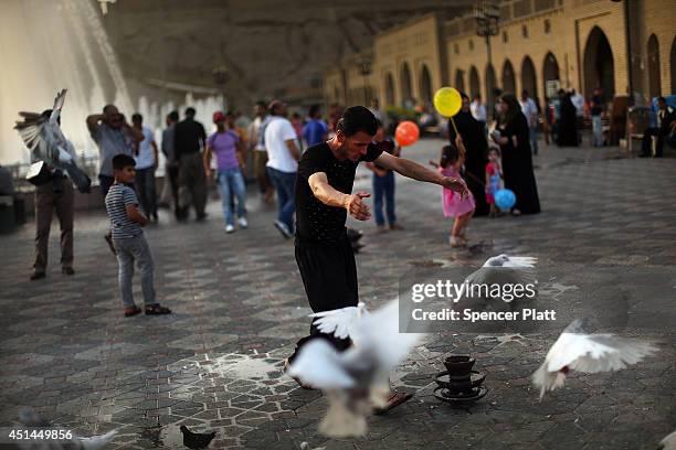 Man gathers pigeons near the Citadel in Erbil on June 29, 2014 in Erbil, Iraq. Tens of thousands of displaced Iraqis and Syrians have converged on...