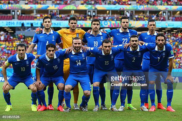Greece pose for a team photo prior to the 2014 FIFA World Cup Brazil Round of 16 match between Costa Rica and Greece at Arena Pernambuco on June 29,...