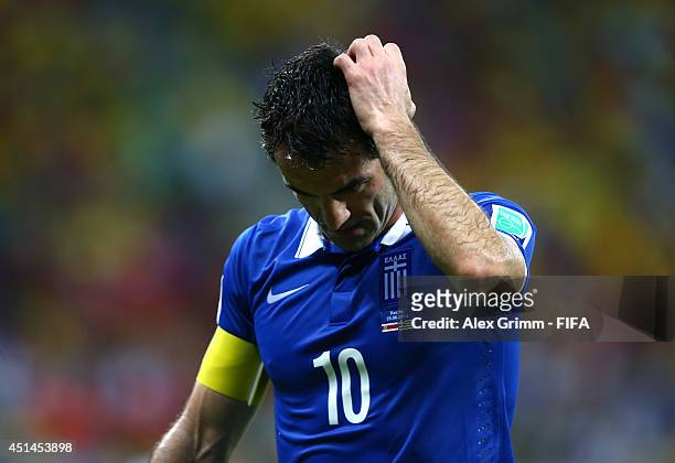 Giorgos Karagounis of Greece reacts during the 2014 FIFA World Cup Brazil Round of 16 match between Costa Rica and Greece at Arena Pernambuco on June...