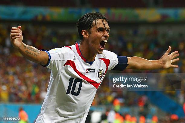 Bryan Ruiz of Costa Rica celebrates scoring his team's first goal during the 2014 FIFA World Cup Brazil Round of 16 match between Costa Rica and...