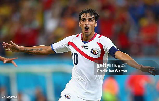 Bryan Ruiz of Costa Rica celebrates scoring his team's first goal during the 2014 FIFA World Cup Brazil Round of 16 match between Costa Rica and...