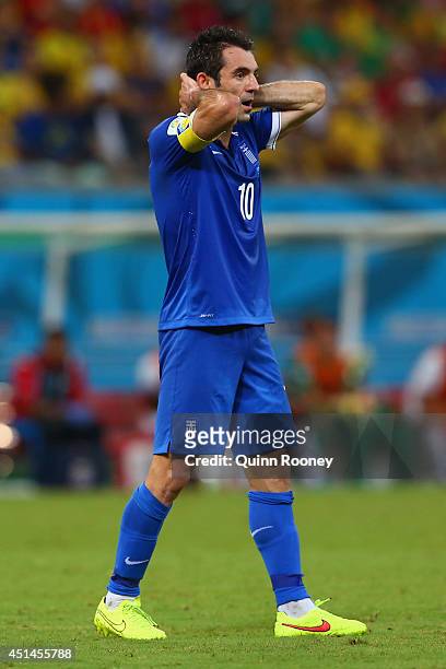 Giorgos Karagounis of Greece reacts during the 2014 FIFA World Cup Brazil Round of 16 match between Costa Rica and Greece at Arena Pernambuco on June...