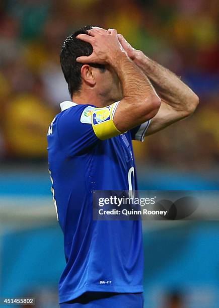 Giorgos Karagounis of Greece reacts during the 2014 FIFA World Cup Brazil Round of 16 match between Costa Rica and Greece at Arena Pernambuco on June...