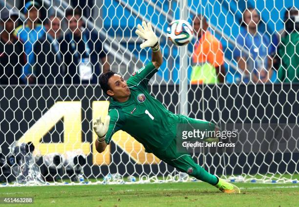 Keylor Navas of Costa Rica saves a penalty kick by Theofanis Gekas of Greece during the 2014 FIFA World Cup Brazil Round of 16 match between Costa...