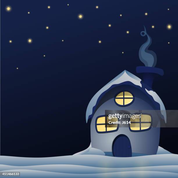 starry winter night - cabin window stock illustrations