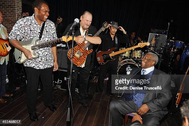 Robert Cray, Steve Cropper and B.B. King performs at the grand opening of B.B. Kings Blues Club at The Mirage on December 11, 2009 in Las Vegas,...