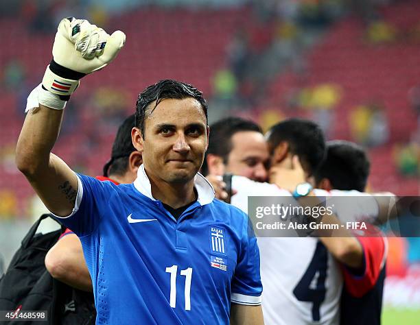 Keylor Navas of Costa Rica celebrates the win after the 2014 FIFA World Cup Brazil Round of 16 match between Costa Rica and Greece at Arena...