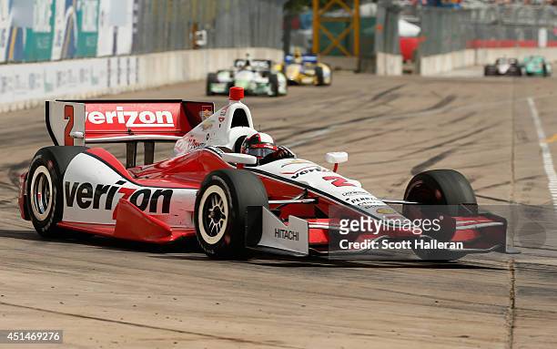 Juan Pablo Montoya of Colombia, driver of the Verizon Team Penske Dallara Chevrolet, races during the Verizon IndyCar Series Shell and Pennzoil Grand...