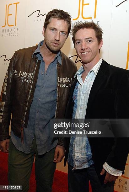 Gerard Butler and Jeremy Plager during JET Nightclub First Anniversary Celebration - Red Carpet at The Mirage Hotel and Casino Resort at The Mirage...