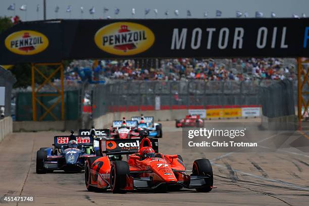 Simon Pagenaud of France, driver of the Schmidt Peterson Hamilton Motorsports Dallara Honda, leads a pack of cars, during the Verizon IndyCar Series...