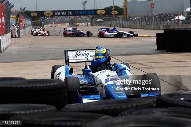 Race 1 winner Carlos Huertas of Colombia, driver of the Dale Coyne Racing Dallara Honda, retires early in the Verizon IndyCar Series Shell and...