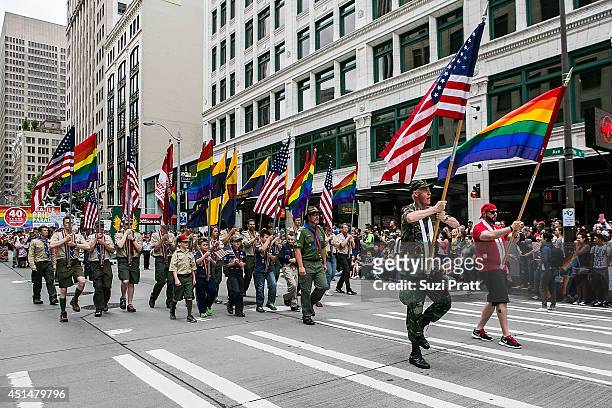 Boy Scouts troops make an apperance in the 40th annual Seattle Pride Parade on June 29, 2014 in Seattle, Washington.