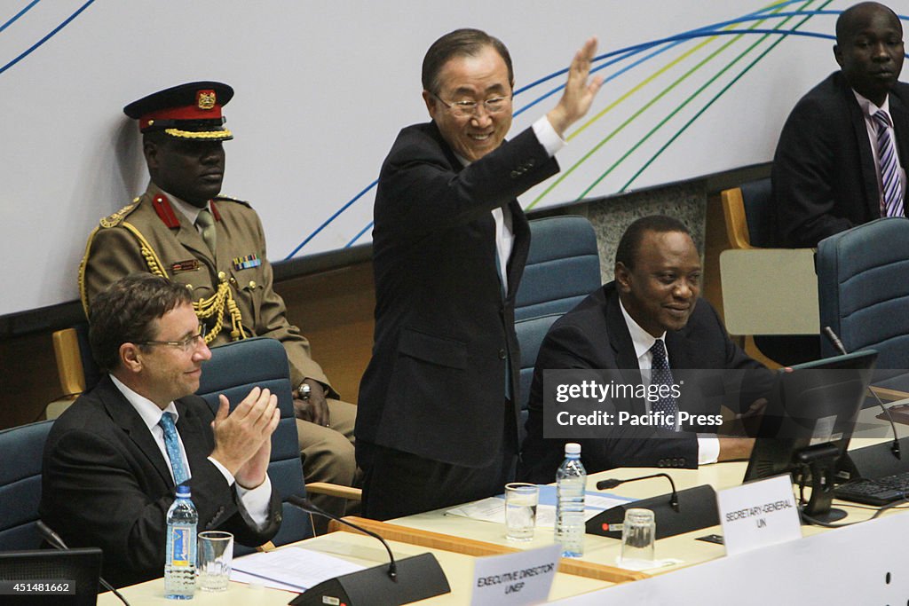 United Nations (UN) Secretary General Ban Ki-Moon (C) joined...