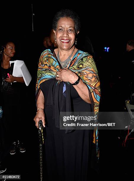 Humanitarian Award recipient civil rights activist Myrlie Evers-Williams poses backstage at the BET AWARDS '14 at Nokia Theatre L.A. LIVE on June 29,...
