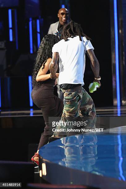 Best Female Hip Hop Artist Award Winner, Nicki Minaj and Lil Wayne onstage during the BET AWARDS '14 at Nokia Theatre L.A. LIVE on June 29, 2014 in...