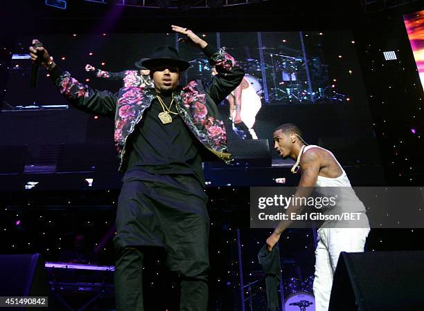 Recording artist Chris Brown and singer Trey Songz perform onstage at the Mary J. Blige, Trey Songz And Jennifer Hudson Concert Presented By King.com...