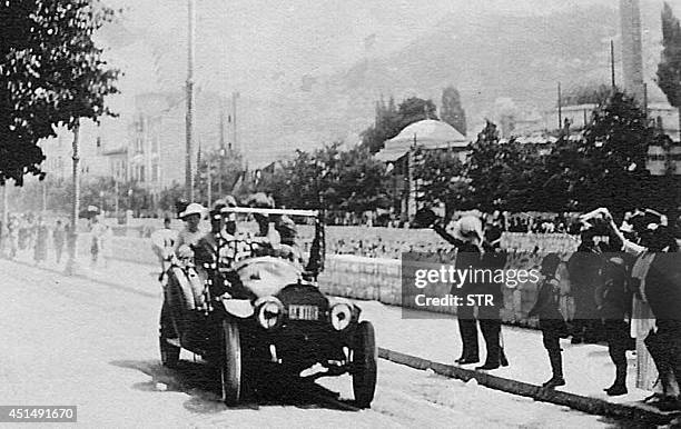 Picture acquired from the historical archives of Sarajevo on June 28, 2014 shows Archduke Franz Ferdinand and his wife Sophia riding in their car,...