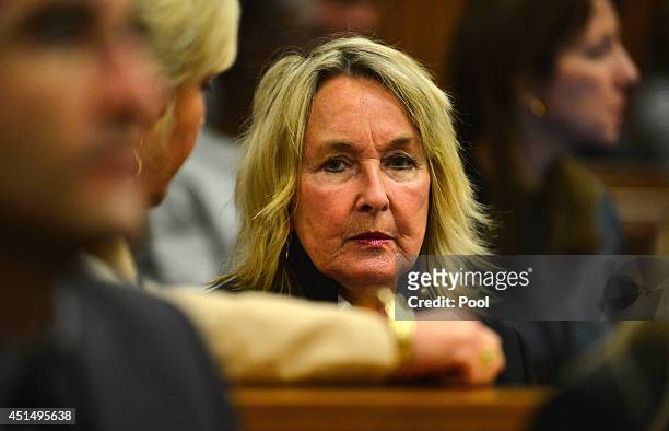 June Steenkamp listens to evidence in the Pretoria High Court on June 30 in Pretoria, South Africa. Oscar Pistorius stands accused of the murder of...