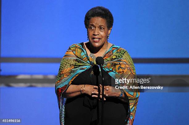 Civil rights activist Myrlie Evers-Williams accepts the BET Humanitarian Award onstage during the BET Awards '14 at Nokia Theatre L.A. Live on June...