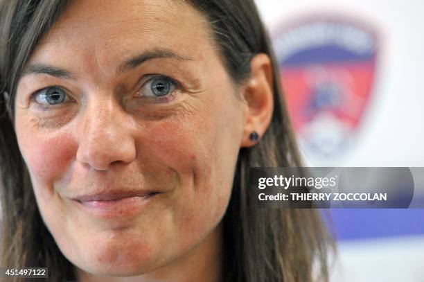 Corinne Diacre, the former captain of the French national women's football team, smiles during her first press conference as French L2 football club...