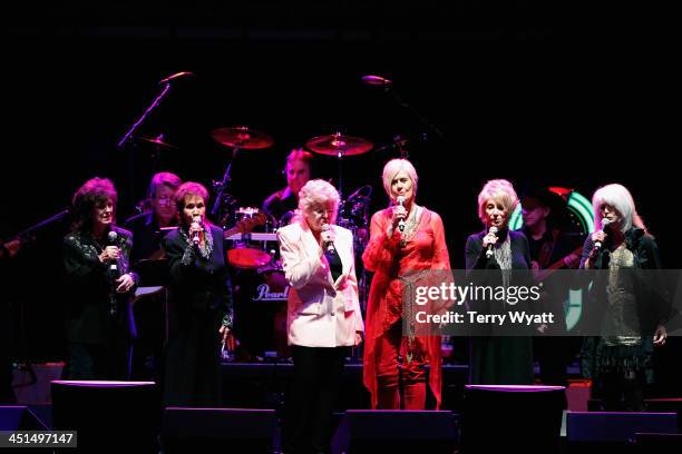 Leona Williams, Jan Howard, Jean Shepard, Janie Fricke, Jeannie Seely and Emmylou Harris perform during Playin' Possum! The Final No Show Tribute To...