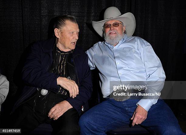 Stonewall Jackson and Charlie Daniels backstage during Playin' Possum! The Final No Show Tribute To George Jones - Show at Bridgestone Arena on...