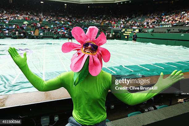 General view of a fan in fancy dress on Centre court as plays is suspending because of rain on day seven of the Wimbledon Lawn Tennis Championships...