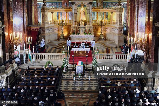 Hungarian national flag covers the coffin of the Hungarian football legend Gyula Grosics during a funeral ceremony in St Stephan basilica in Budapest...