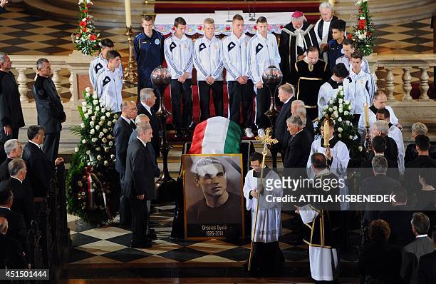 Hungarian national flag covers the coffin of the Hungarian football legend Gyula Grosics during a funeral ceremony in St Stephan basilica in Budapest...