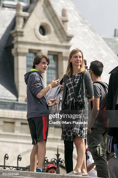 Actress Calista Flockhart and son Liam Flockhart are sighted in the 'Montmartre' district on June 30, 2014 in Paris, France.