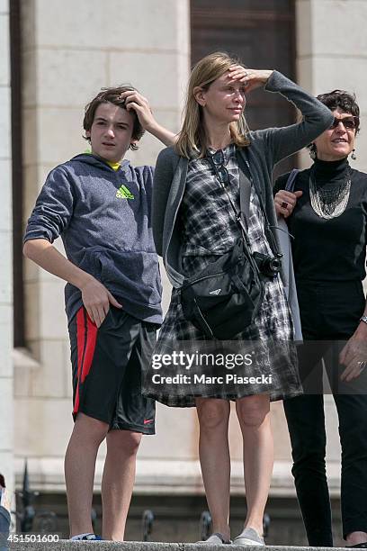 Actress Calista Flockhart and son Liam Flockhart are sighted in the 'Montmartre' district on June 30, 2014 in Paris, France.