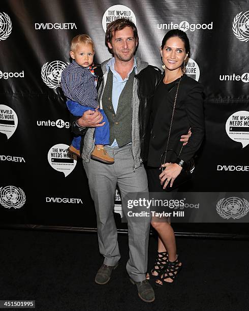 Noah Rev Maurer, actor Josh Lucas, and author Jessica Hernandez attend the David Guetta "One Voice" Music Video Premiere at United Nations on...