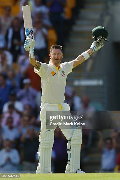 Michael Clarke of Australia celebrates scoring his century during day three of the First Ashes Test match between Australia and England at The Gabba...