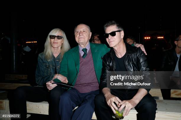 Betty Catroux, Pierre BergÃ© and Etienne Daho attend the Saint Laurent show as part of the Paris Fashion Week Menswear Spring/Summer 2015 on June 29,...