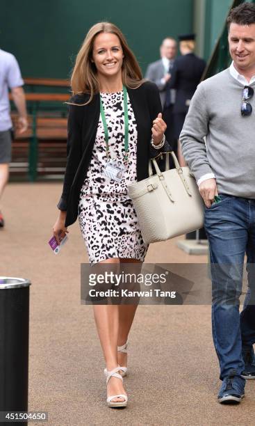 Kim Sears makes her way to the Andy Murray v Kevin Anderson match on centre court during day seven of the Wimbledon Championships at Wimbledon on...