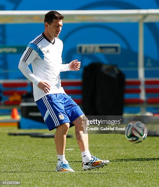 Lionel Messi of Argentina during a training session at Arena Corinthians on June 30, 2014 in Sao Paulo, Brazil. Argentina will face Switzerland as...