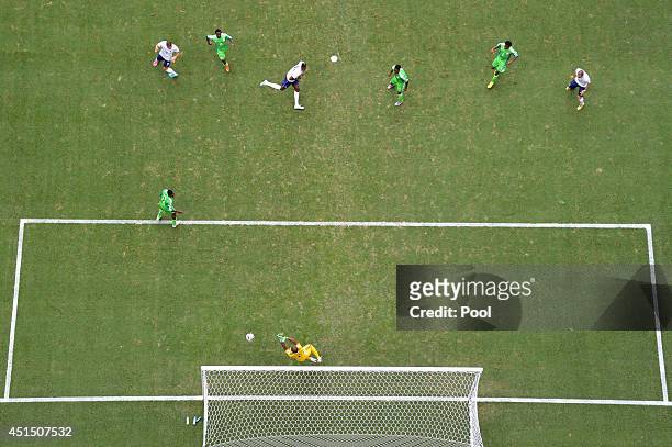 Vincent Enyeama of Nigeria saves a shot by Paul Pogba of France during the 2014 FIFA World Cup Brazil Round of 16 match between France and Nigeria at...