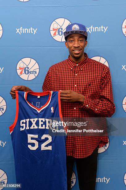 Jordan McRae of the Philadelphia 76ers poses for a photo after being drafted by the Philadelphia 76ers at the Wells Fargo Center on June 28, 2014 in...