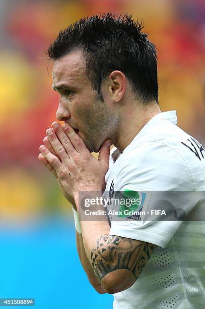 Mathieu Valbuena of France reacts during the 2014 FIFA World Cup Brazil Round of 16 match between France and Nigeria at Estadio Nacional on June 30,...