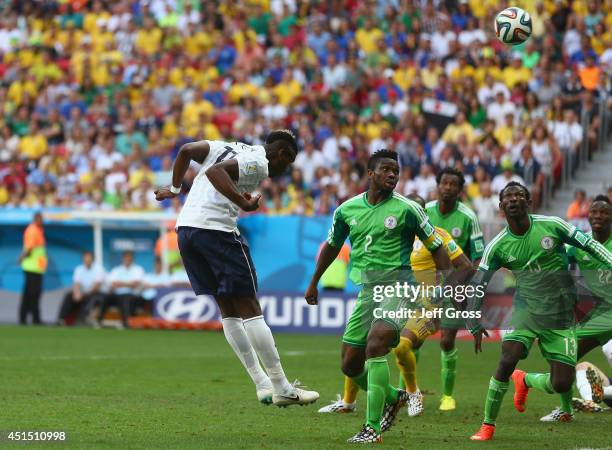 Paul Pogba of France scores his team's first goal on a header during the 2014 FIFA World Cup Brazil Round of 16 match between France and Nigeria at...