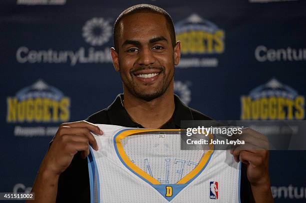 Denver Nuggets introduce guard Arron Afflalo, who will wear number 10, June 30, 2014 at Pepsi Center Blue Sky Grill. Affalo is returning to the team...