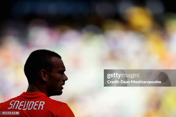 Wesley Sneijder of the Netherlands looks on during the 2014 FIFA World Cup Brazil Round of 16 match between Netherlands and Mexico at Castelao on...