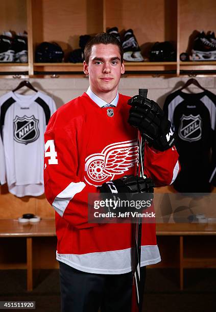 Dominic Turgeon, 63rd overall pick of the Detroit Red Wings, poses for a portrait during the 2014 NHL Entry Draft at Wells Fargo Center on June 28,...