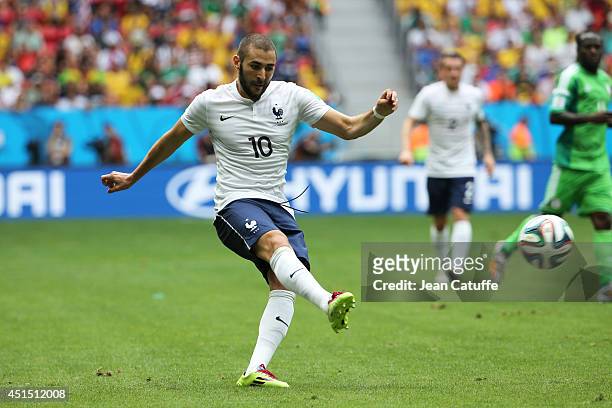Karim Benzema of France in action during the 2014 FIFA World Cup Brazil Round of 16 match between France and Nigeria at Estadio Nacional on June 30,...