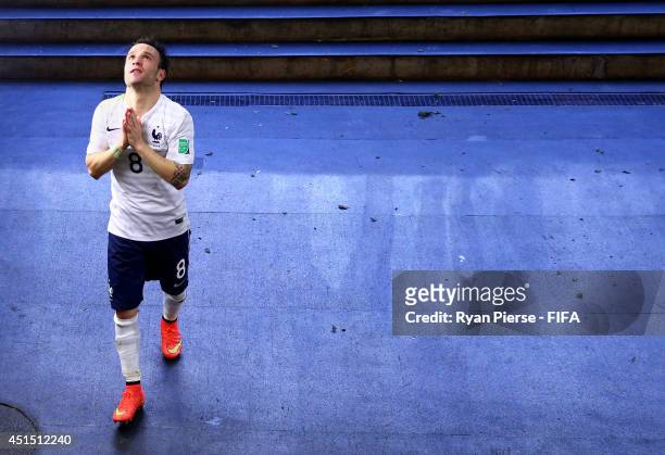 Mathieu Valbuena of France celebrates the win in the tunnel after the 2014 FIFA World Cup Brazil Round of 16 match between France and Nigeria at...