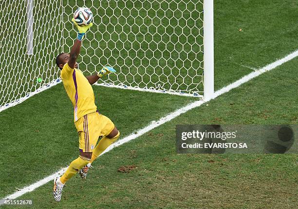 Nigeria's goalkeeper Vincent Enyeama makes a save during a Round of 16 football match between France and Nigeria at Mane Garrincha National Stadium...