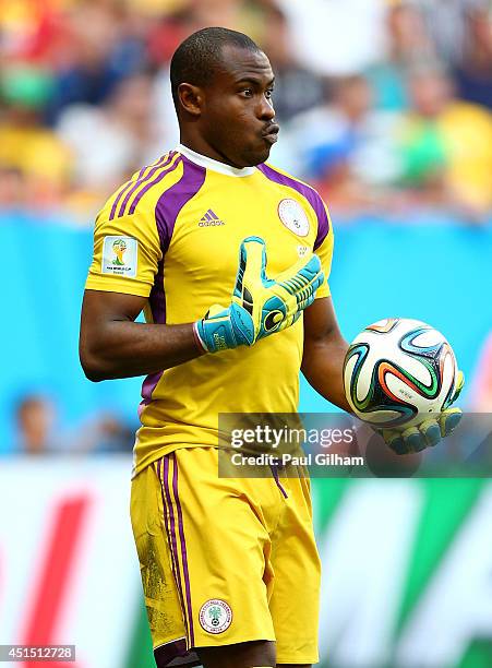 Vincent Enyeama of Nigeria reacts during the 2014 FIFA World Cup Brazil Round of 16 match between France and Nigeria at Estadio Nacional on June 30,...
