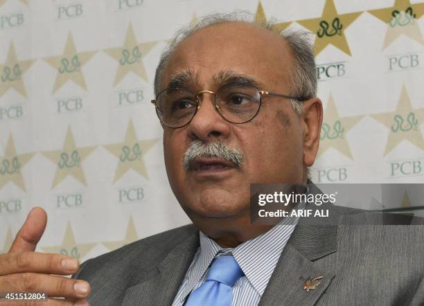 Chairman of the Pakistan Cricket Board Najam Sethi speaks during a press conference in Lahore on June 30, 2014. Pakistan's cricket chief today...