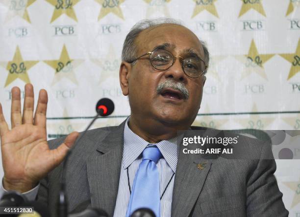 Chairman of the Pakistan Cricket Board Najam Sethi speaks during a press conference in Lahore on June 30, 2014. Pakistan's cricket chief today...